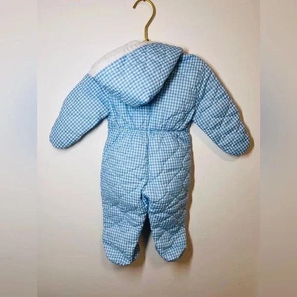 Vintage Hooded Baby Bunting Snowsuit Blue/ White Gingham - Picture 9 of 11